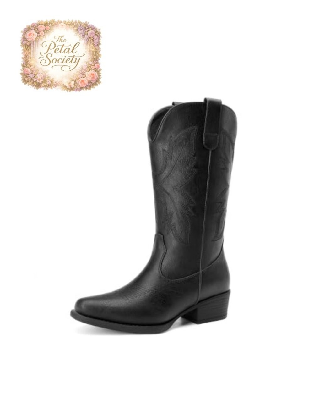 Women's Mid-Calf Western Cowboy Boots Faux Leather Block Heel Pull-On